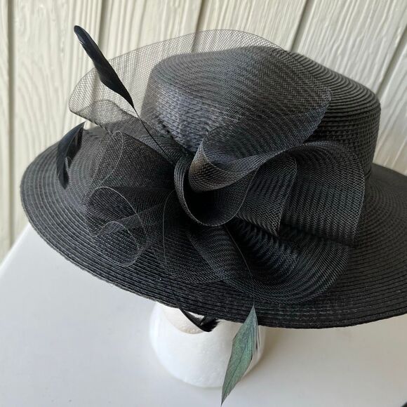 VTG Black Wide Brim Hat Mesh & Feather Trim Formal Church Derby Tea - Picture 2 of 12
